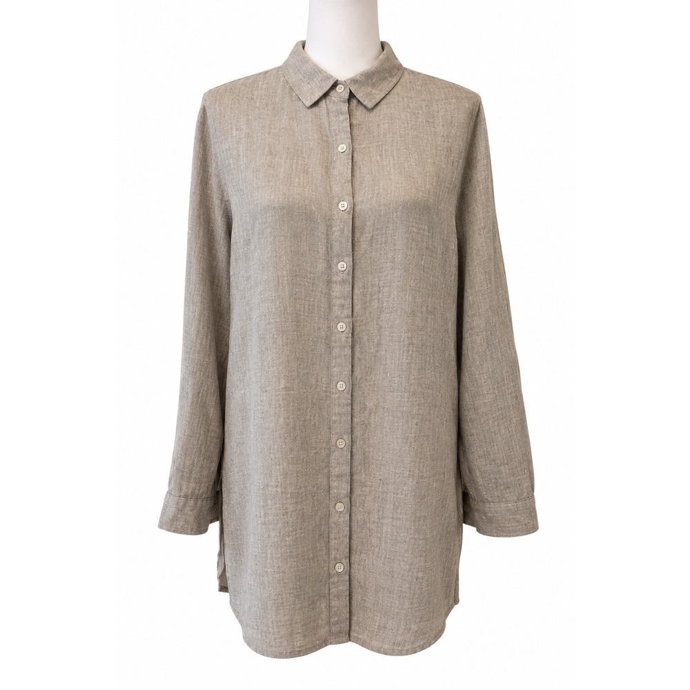Tahari Tunic 100% Linen Button Down Relaxed Tan Coastal Minimalist Casual Large
